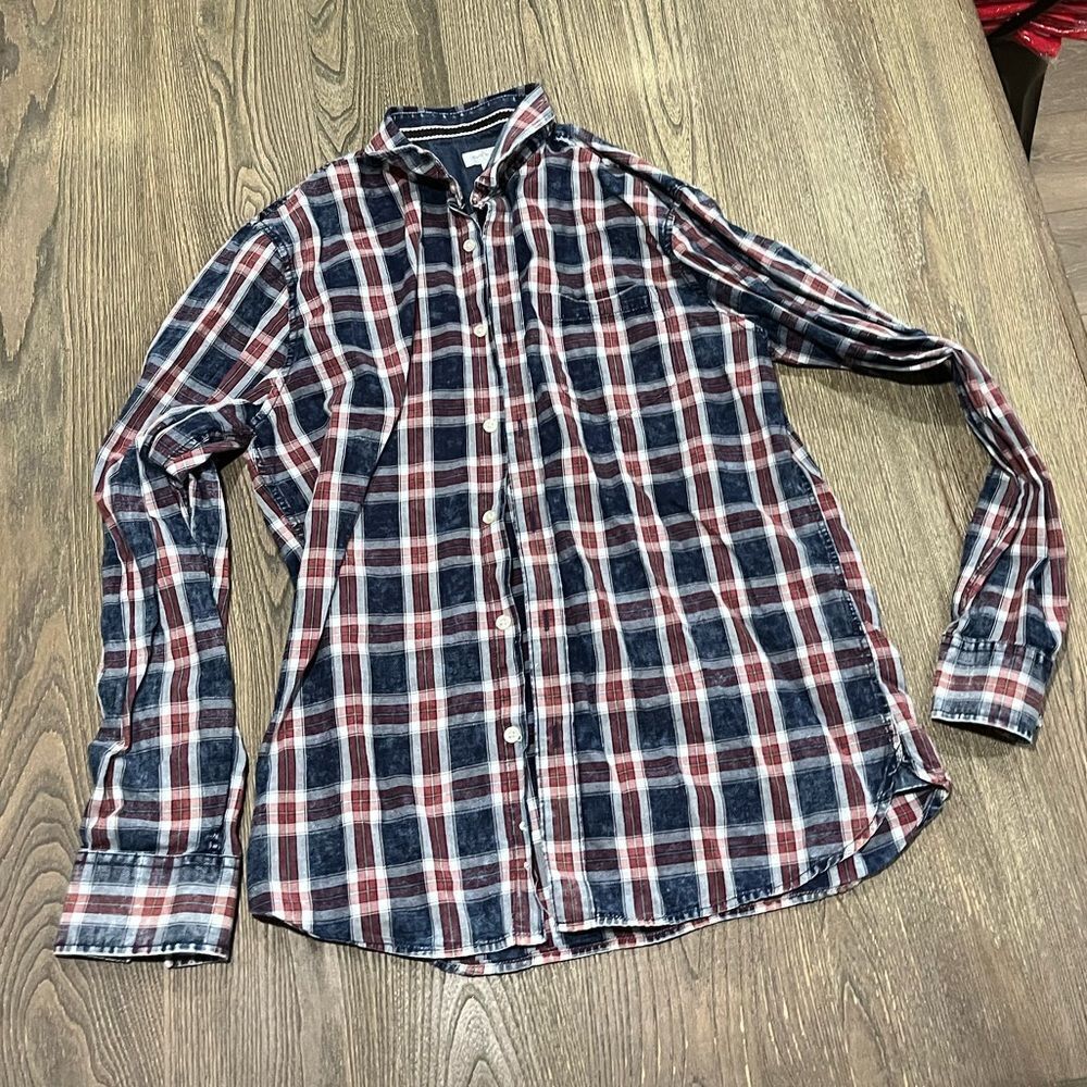 Sun + Stone Plaid Button-Down Shirt Long Sleeve Lightweight Blue Red White M
